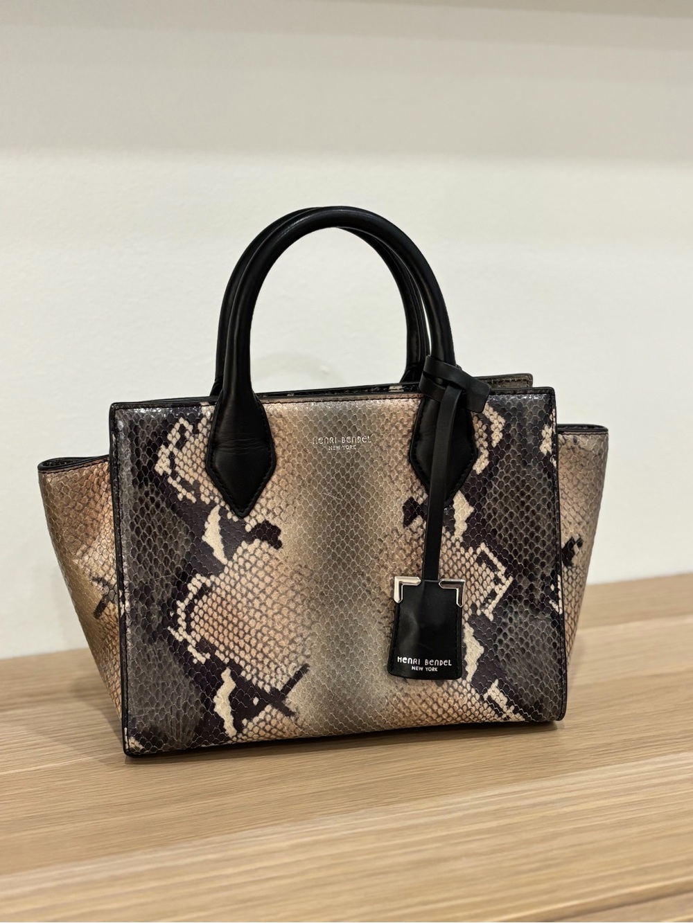 henri bendel Black & Beige Snake-Print Satchel